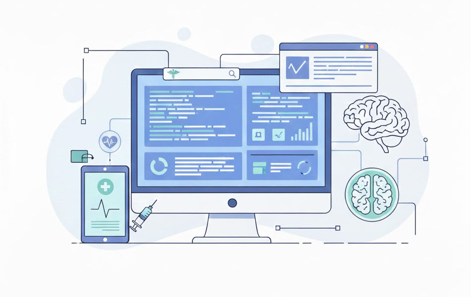 Illustration for AiMD and SaMD, showing a computer screen, a brain, a mobile device, a syringe and other elements linking technology to medical interests